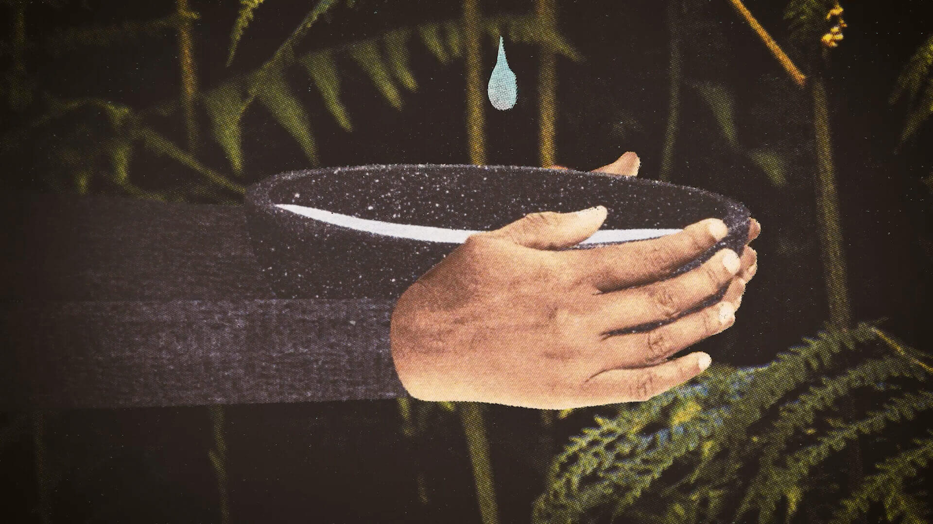 Illustratie met ambachtelijke textuur, van handen die water in een kom scheppen, omgeven door planten.