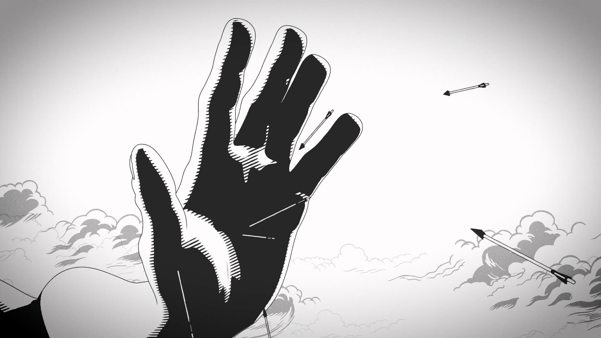 Grafische zwart-wit illustratie waarin een reusachtige hand verschijnt en pijlen uit de wolken opduiken.