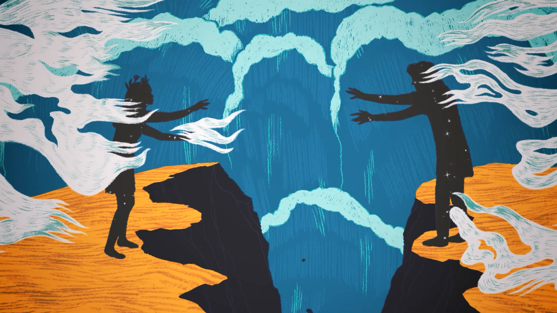 Illustratie met hoog contrast: twee silhouetten tegenover elkaar in een verdeeld landschap.