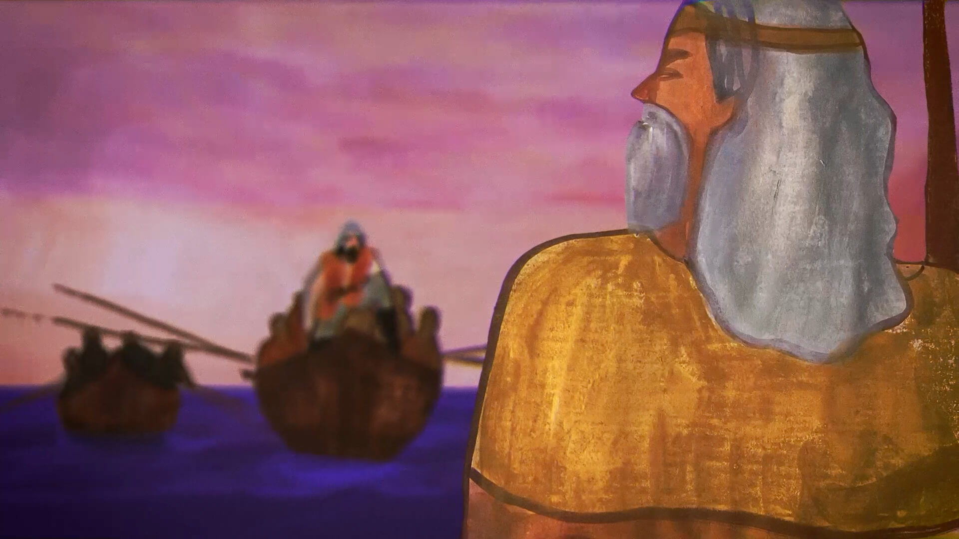 Digitale illustratie in schilderachtige stijl en warme tinten, met een figuur aan zee en boten op het water.