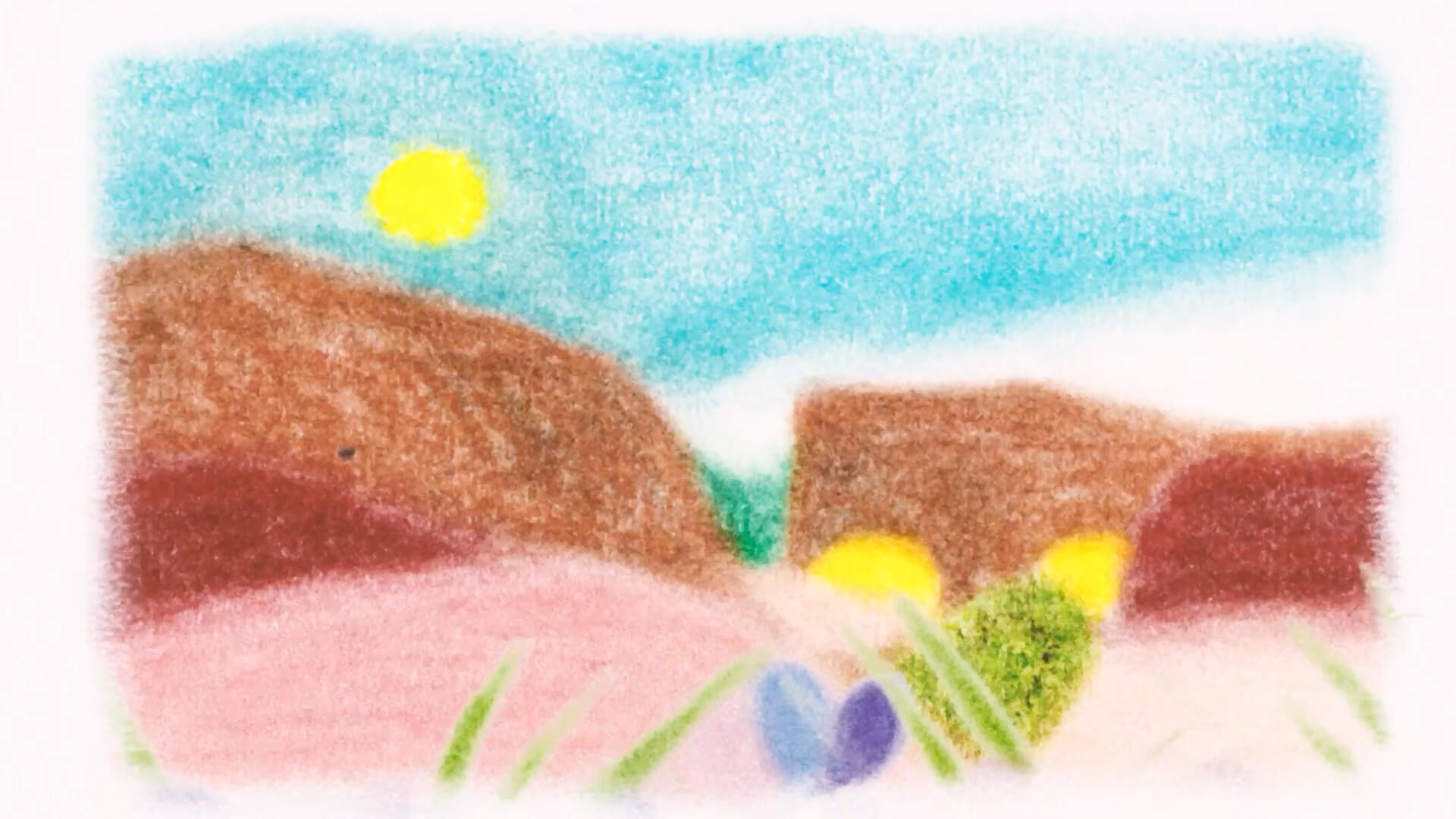 Illustratie in pastelstijl, met opgetrokken muur in een landschap dat door een kloof wordt gespleten.