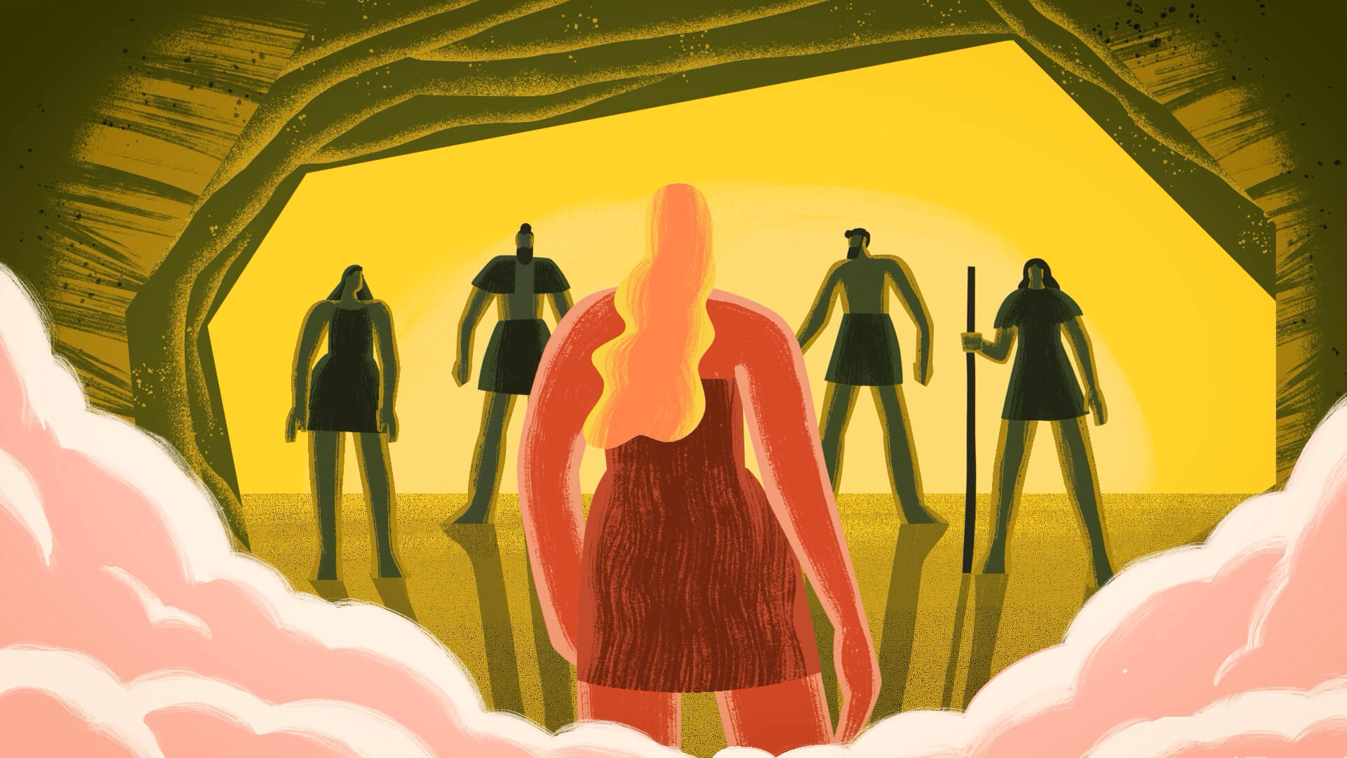 Grafische illustratie van een grot: menselijke figuren in een rij voor een prinses, gehuld in rook.