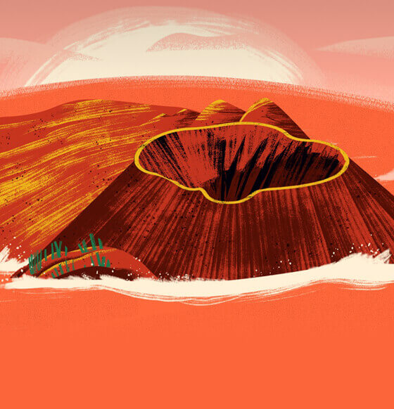 Ilustración digital de estilo pictórico, con trazos expresivos que representan un volcán en tonos cálidos.