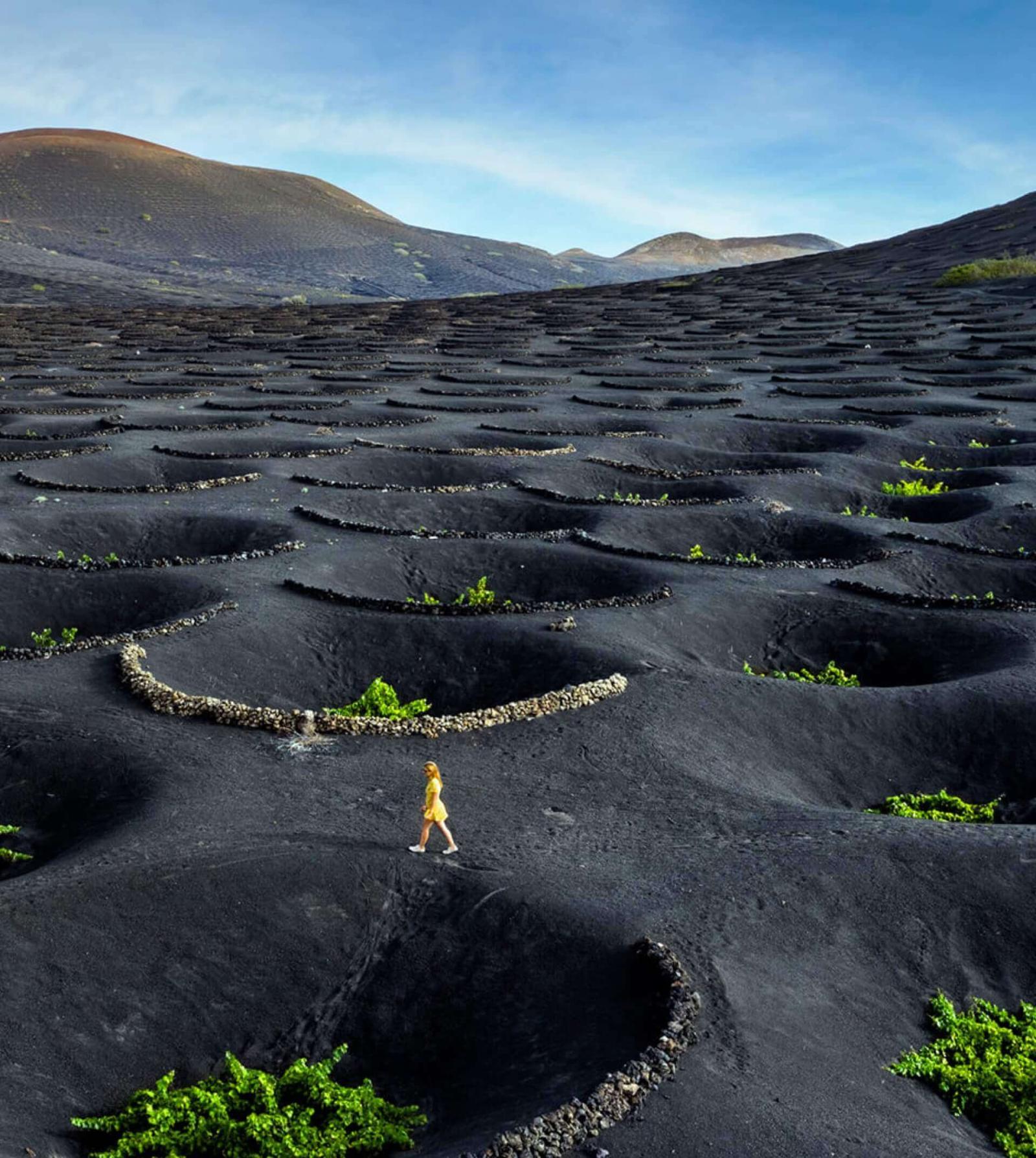 Vrouw in gele jurk loopt door een wijngaard in een vulkanisch landschap met ronde kuilen en wijnstokken.