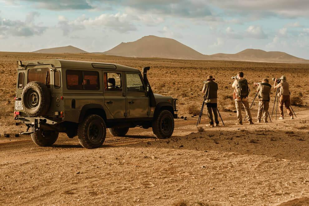 Groep mensen met camera's en statieven kijkt naar vogels in een kaal landschap naast een terreinwagen.